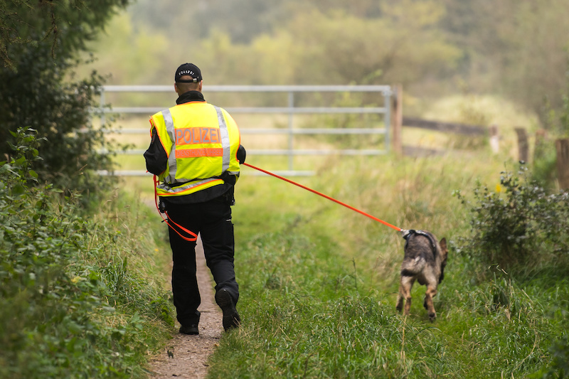 Hundeführer der Polizei hat einen Suchhund an der Leine und führt ihn auf einem Feldweg