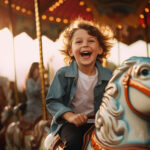 Little boy in amusement park playing on carousel with smiling fa